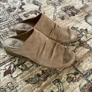 Soft tan suede peep toe mule